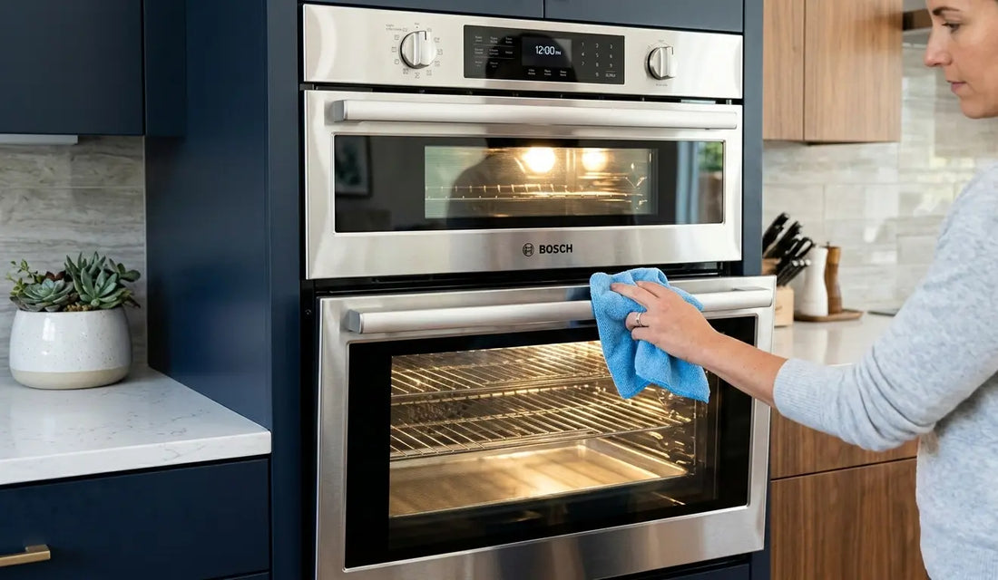 Cleaning a stainless steel GE wall oven with a microfiber cloth.