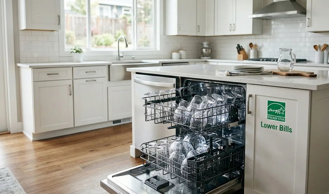Energy Star certified GE dishwasher saving water and electricity.
